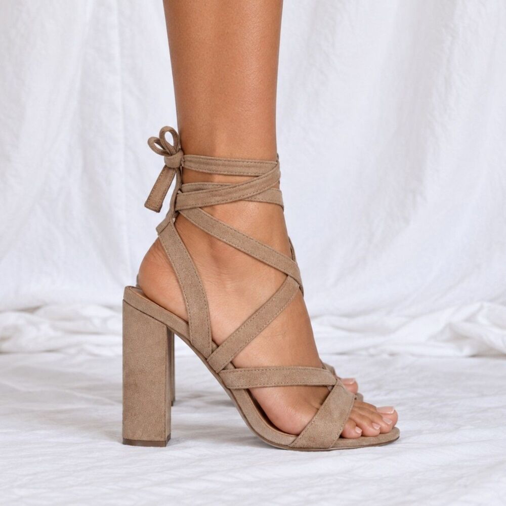 Tony Bianco Brown Suede Peep Toe Block Lace Up Gladiator Sandals Heels Size 6